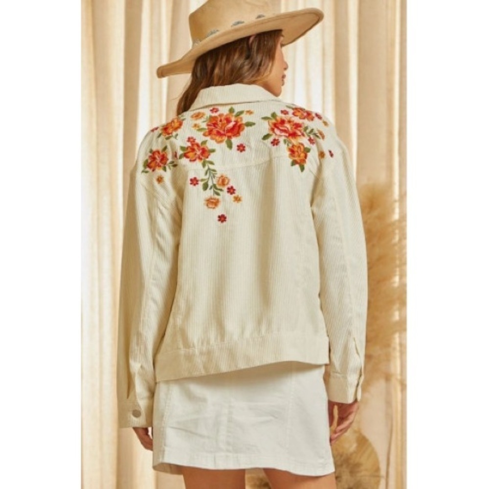Savanna Jane Embroidered Floral Cream Ivory Corduroy Jacket Medium